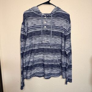 ROWM Mens Medium Striped Pullover Hoodie 100% Cotton Blue White Coastal